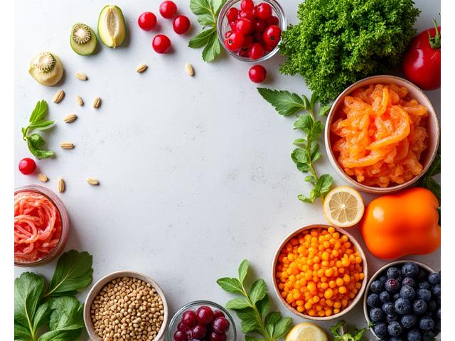 Assortment of vibrant, gut-healthy foods like fermented vegetables, berries, and whole grains